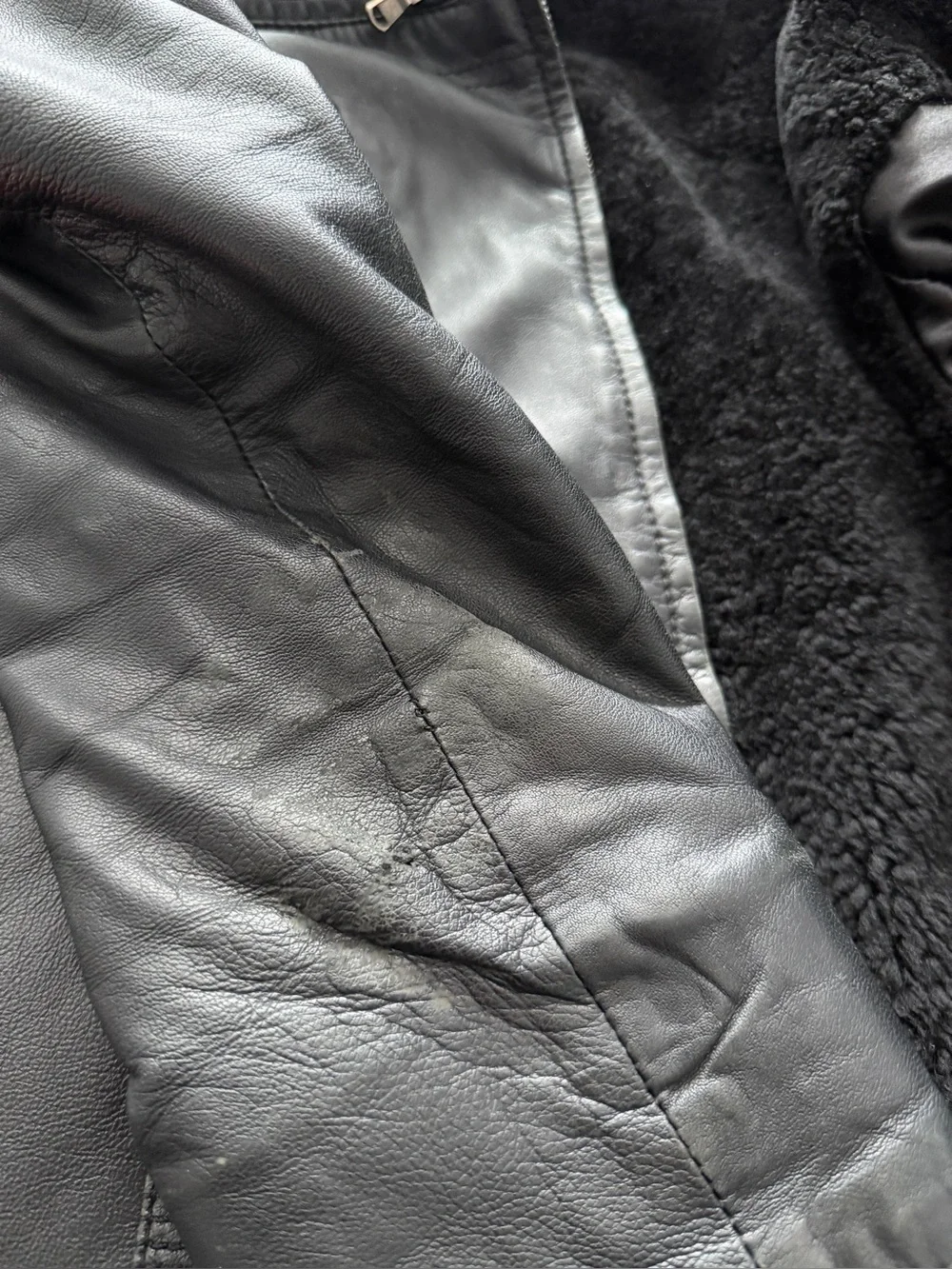 Mens Vintage Distressed Black Leather Shearling Jacket Moto Bomber Fur‎ Collar